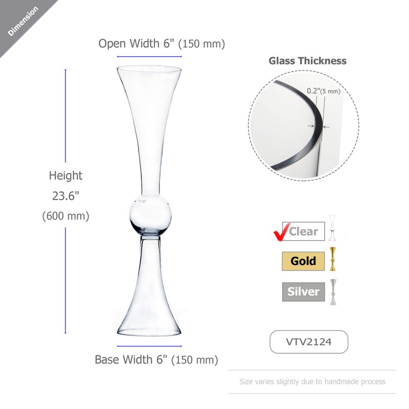WGVI WGV Tall Trumpet Vase, Open 6", Height 24", Base 6", (Multiple Size/Color Choices) Clear Reversible Latour Floral Wedding Centerpiece Home Event Decor, 1 Piece (VTV2124) - Image 2